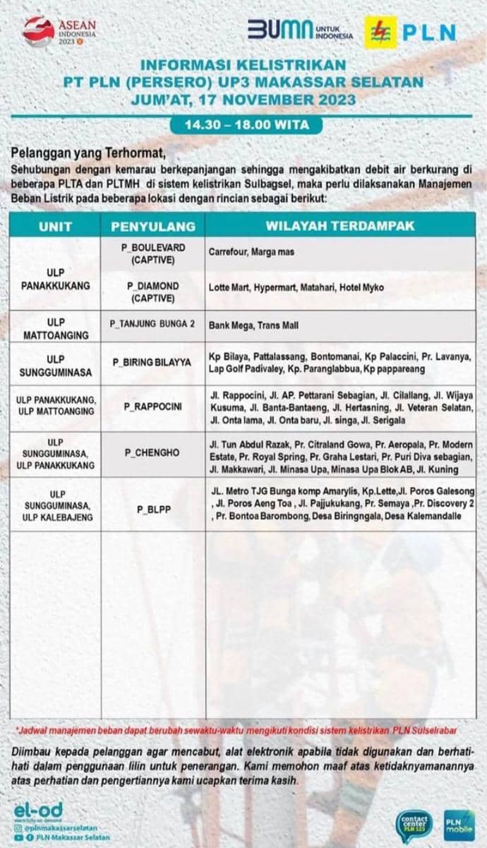 Informasi pemadaman listrik di Makassar. (Instagram/plnmakassarselatan)