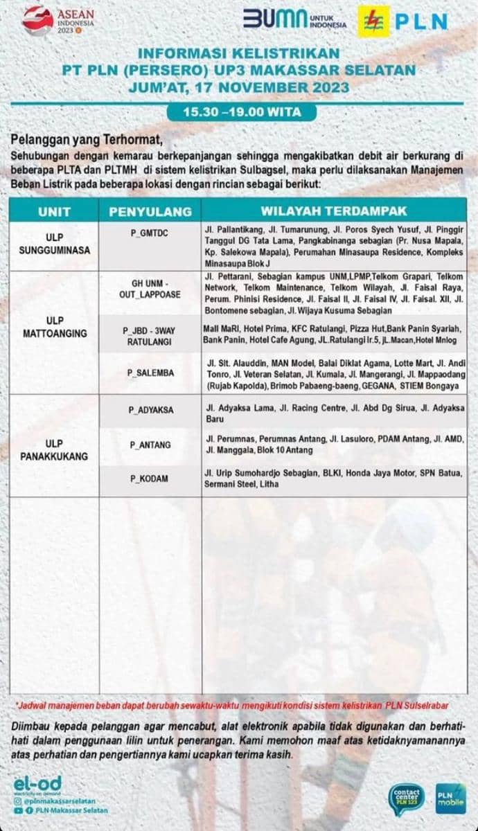 Informasi pemadaman listrik di Makassar. (Instagram/plnmakassarselatan)
