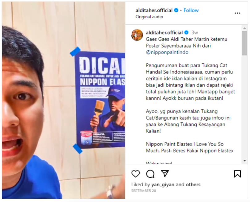 Sayembara iklan Nippon Elastex yang diunggah Aldi Taher (Instagram/alditaher.official)