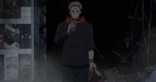 Sukuna mengambil jajanan dari tempat ia terpental akibat serangan Mahoraga ( Dok. Mappa / Jujutsu Kaisen 2 )