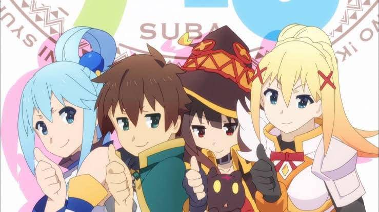 Dewi Aqua, Kazuma, Megumin dan Darkness di lagu pembukaan (dok. Studio Deen/KonoSuba: God's Blessing on This Wonderful World)