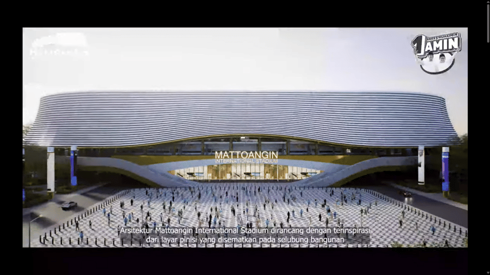 Desain Makassar International Stadium yang dijanjikan calon presiden Anies Baswedan bakal dibangun di Kota Makassar jika terpilih. (YouTube/Anies Baswedan))