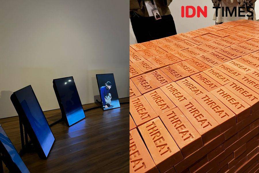 (Dari kiri ke kanan) ‘Perpetuity’ karya Nadiah Bamadhaj dan ‘Threat’ karya Shilpa Gupta di Museum MACAN, AKR Tower, Kebon Jeruk, Jakarta Barat, pada Rabu (15/11/2023). (IDN Times/Amara Zahra)