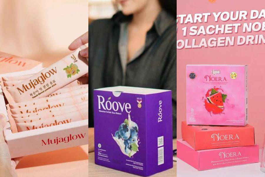 Rekomendasi minuman kolagen pelengkap skincare (Shopee/Muja Beauty | instagram.com/roove.co.id/ | instagram.com/noerabeautycare)