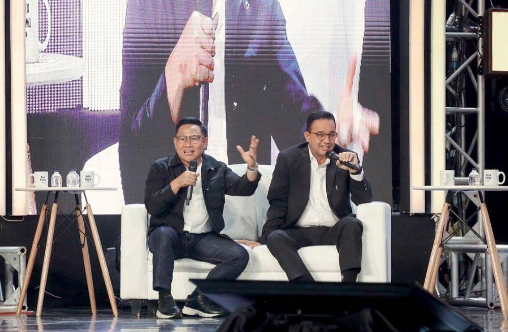 Calon presiden dan calon wakil presiden, Anies Baswedan dan Muhaimin Iskandar ketika mengisi program 13 tahun Mata Najwa. (www.instagram.com/@cakiminow)