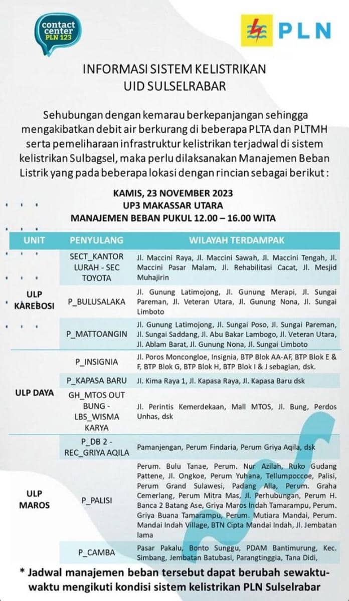 Informasi pemadaman listrik di Makassar. (Instagram/pln_makassar_utara)