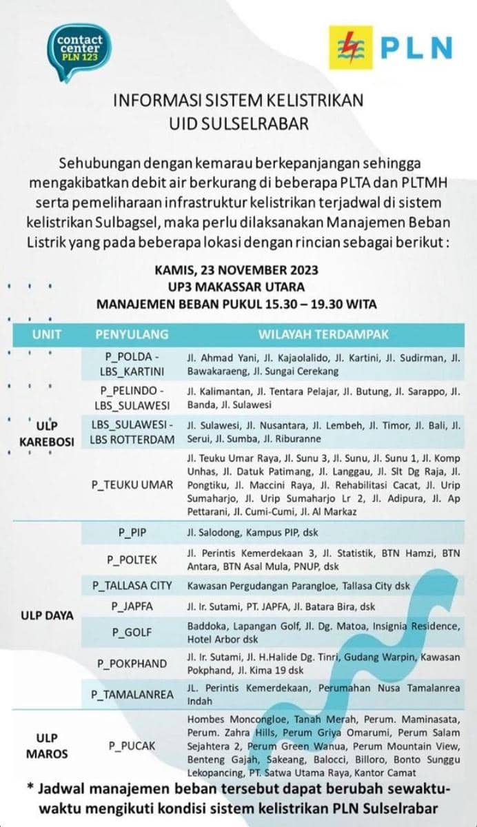 Informasi pemadaman listrik di Makassar. (Instagram/pln_makassar_utara)
