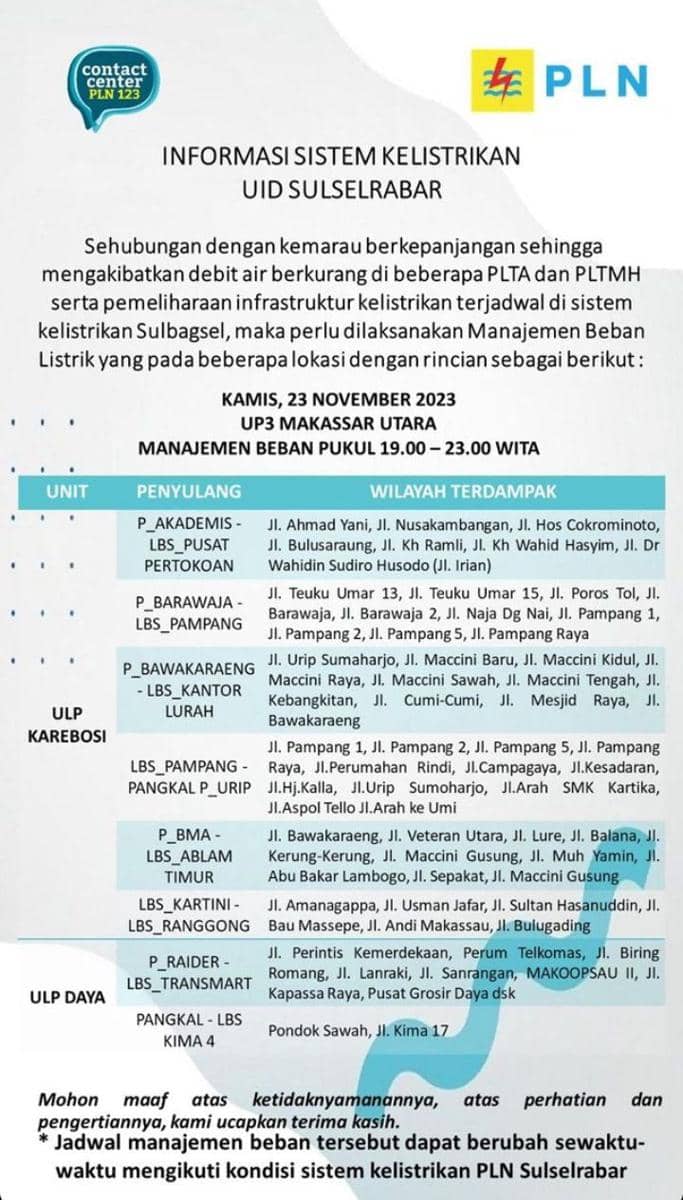 Informasi pemadaman listrik di Makassar. (Instagram/pln_makassar_utara)