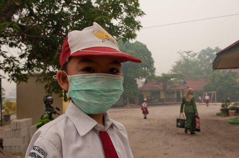 ilustrasi anak sekolah dasar memakai masker untuk melindungi diri dari polusi udara (flickr.com/CIFOR)
