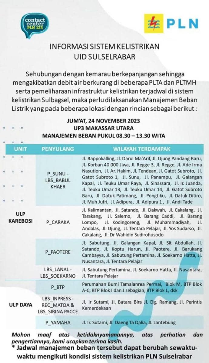 Informasi pemadaman listrik di Makassar. (Instagram/pln_makassar_utara)