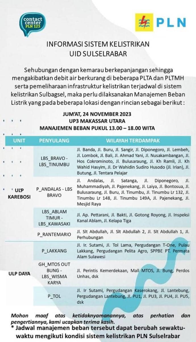 Informasi pemadaman listrik di Makassar. (Instagram/pln_makassar_utara)