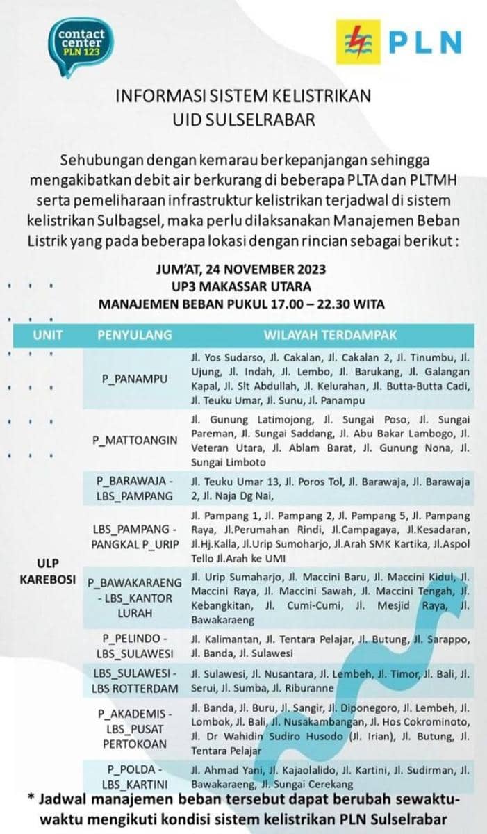 Informasi pemadaman listrik di Makassar. (Instagram/pln_makassar_utara)