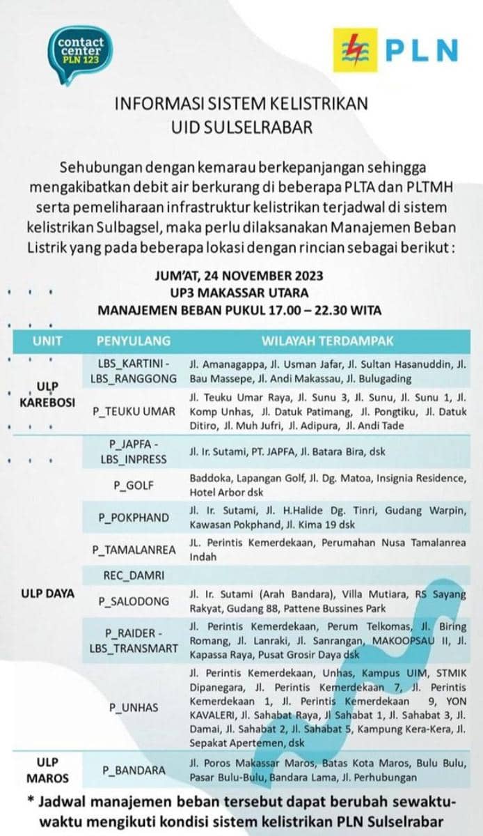 Informasi pemadaman listrik di Makassar. (Instagram/pln_makassar_utara)