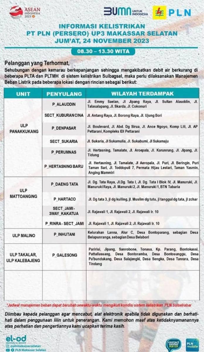 Informasi pemadaman listrik di Makassar. (Instagram/plnmakassarselatan)