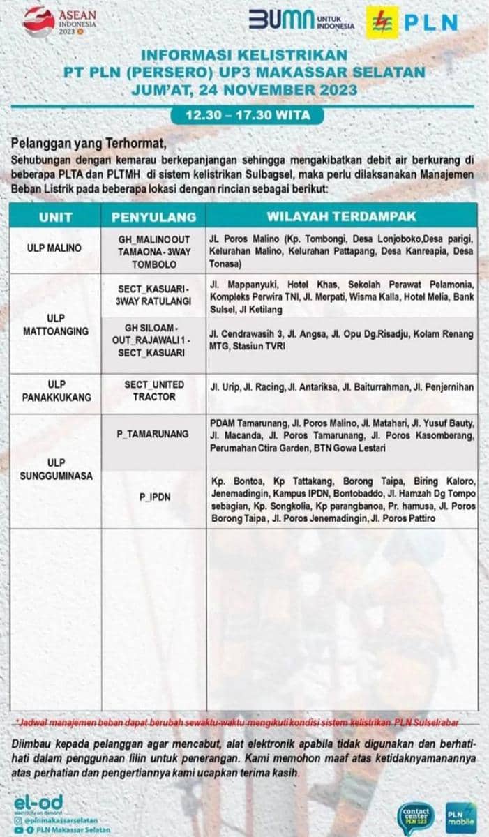 Informasi pemadaman listrik di Makassar. (Instagram/plnmakassarselatan)