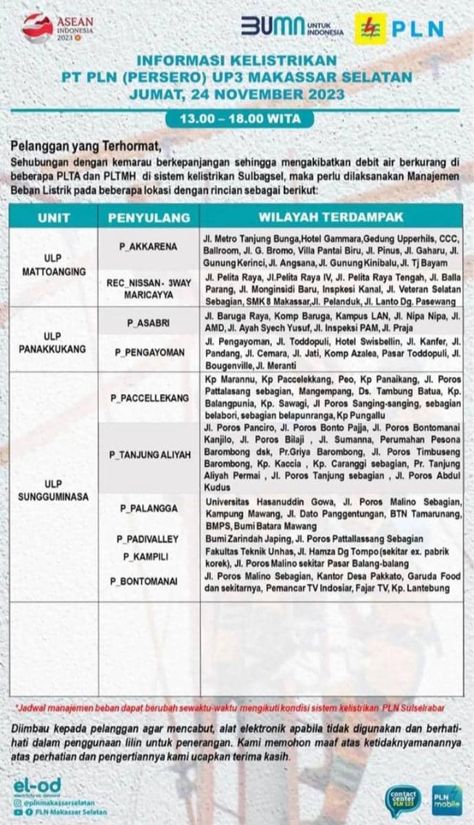 Informasi pemadaman listrik di Makassar. (Instagram/plnmakassarselatan)