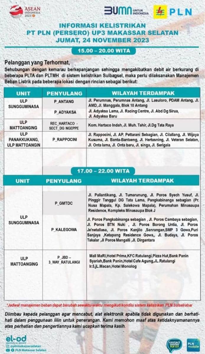 Informasi pemadaman listrik di Makassar. (Instagram/plnmakassarselatan)