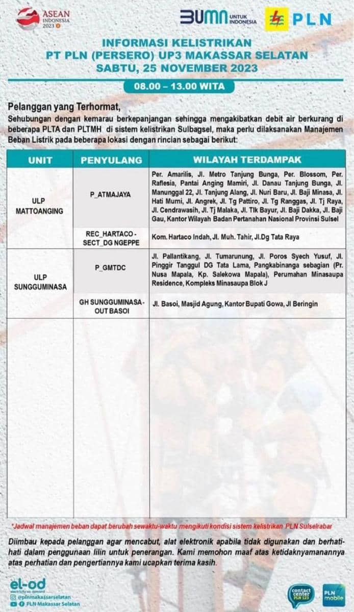 Informasi pemadaman listrik di Makassar. (Instagram/plnmakassarselatan)