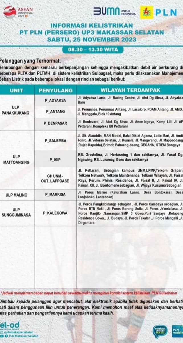 Informasi pemadaman listrik di Makassar. (Instagram/plnmakassarselatan)