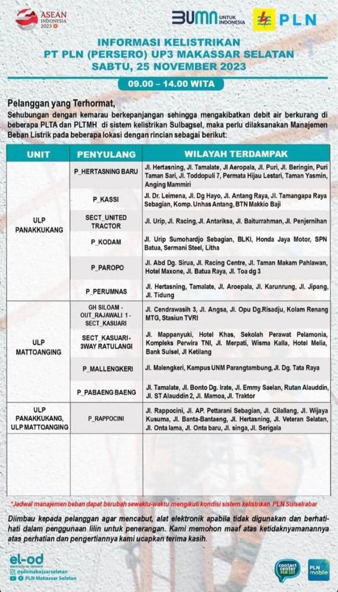 Informasi pemadaman listrik di Makassar. (Instagram/plnmakassarselatan)