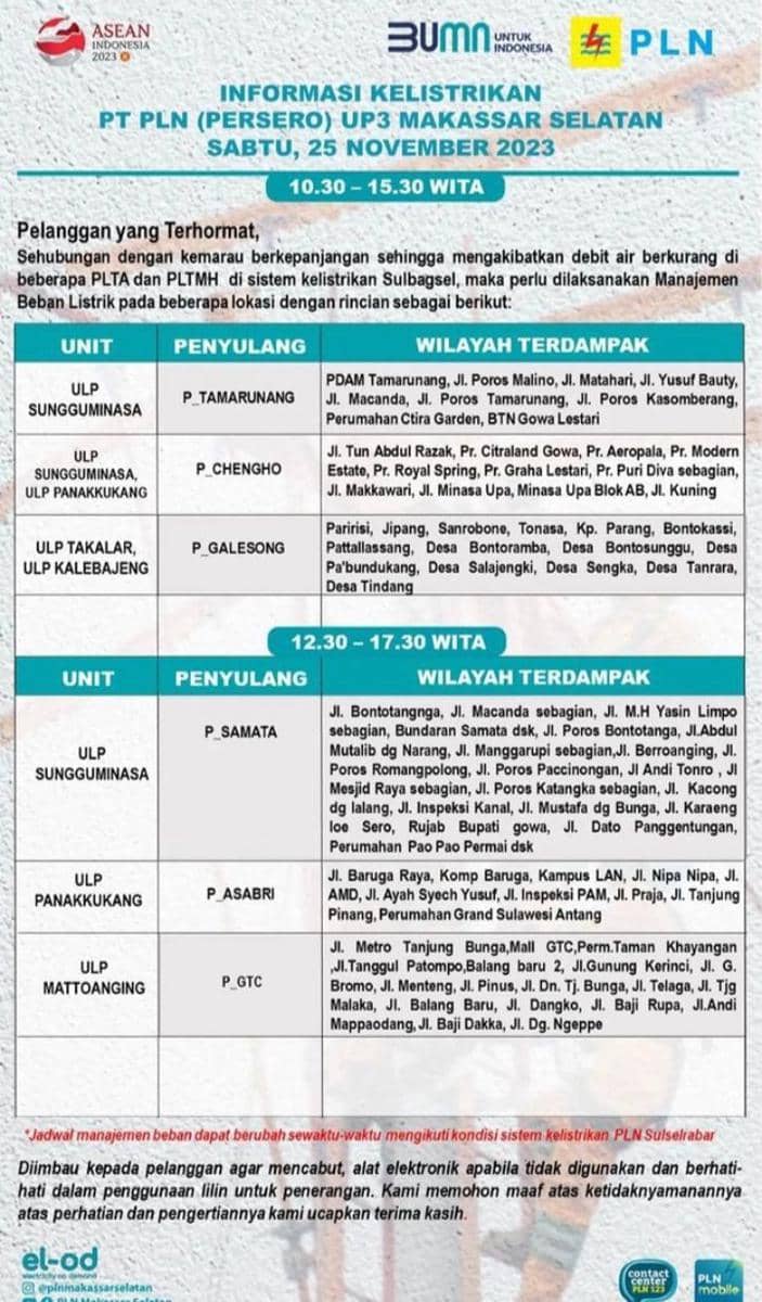 Informasi pemadaman listrik di Makassar. (Instagram/plnmakassarselatan)