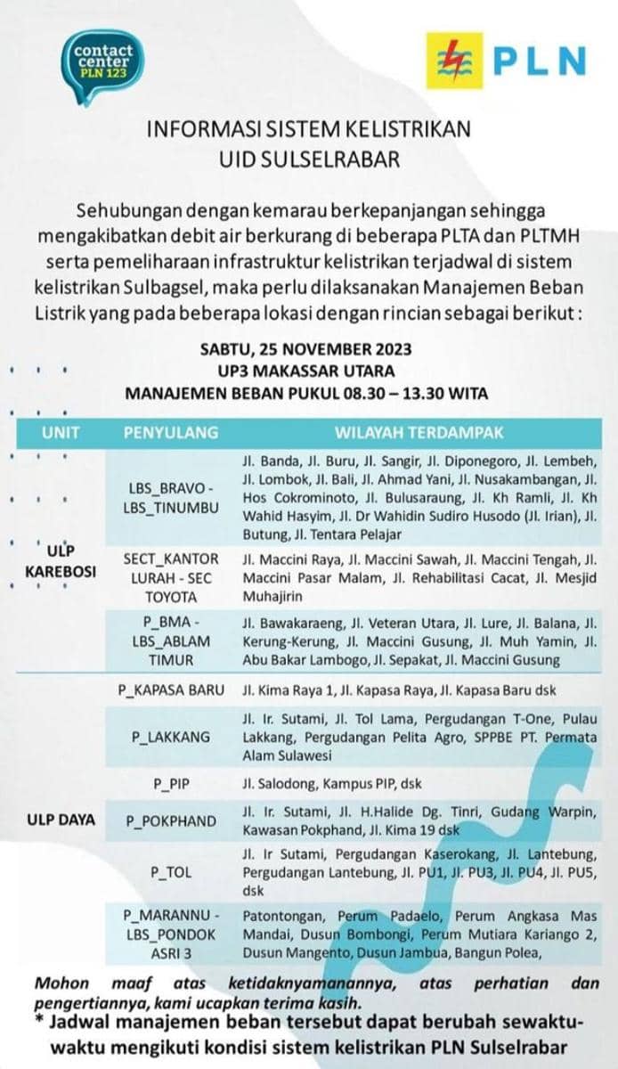 Informasi pemadaman listrik di Makassar. (Instagram/pln_makassar_utara)