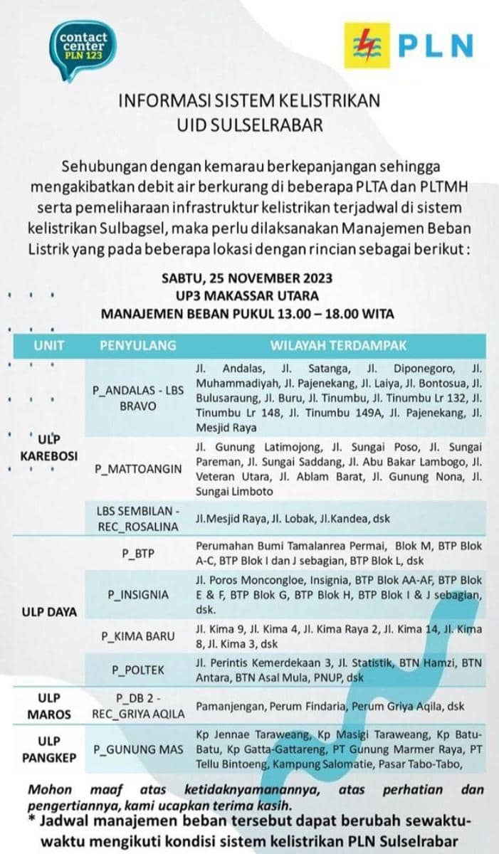 Informasi pemadaman listrik di Makassar. (Instagram/pln_makassar_utara)