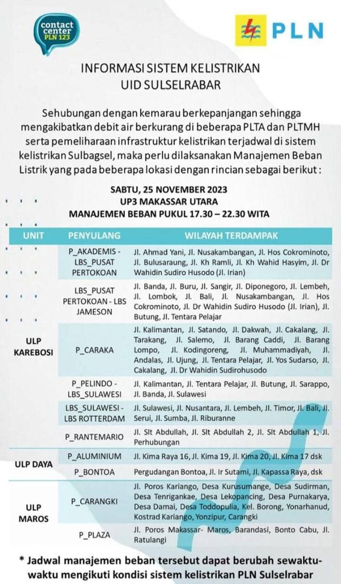 Informasi pemadaman listrik di Makassar. (Instagram/pln_makassar_utara)