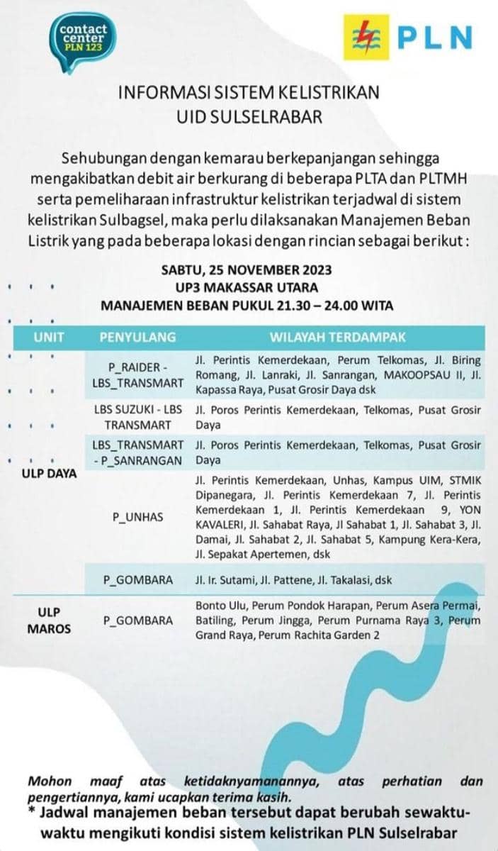 Informasi pemadaman listrik di Makassar. (Instagram/pln_makassar_utara)