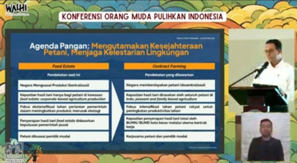 Perbandingan food estate dengan contract farming yang dipaparkan oleh Anies Baswedan. (Tangkapan layar YouTube WALHI)