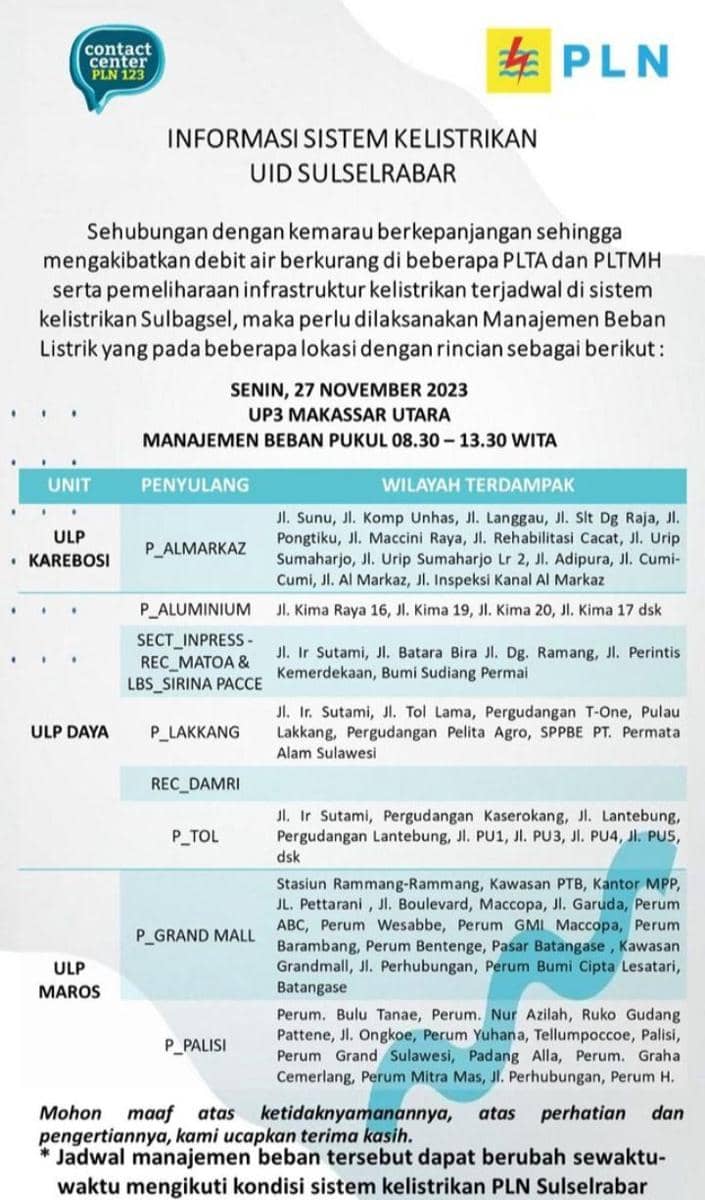 Informasi pemadaman listrik di Makassar. (Instagram/pln_makassar_utara)