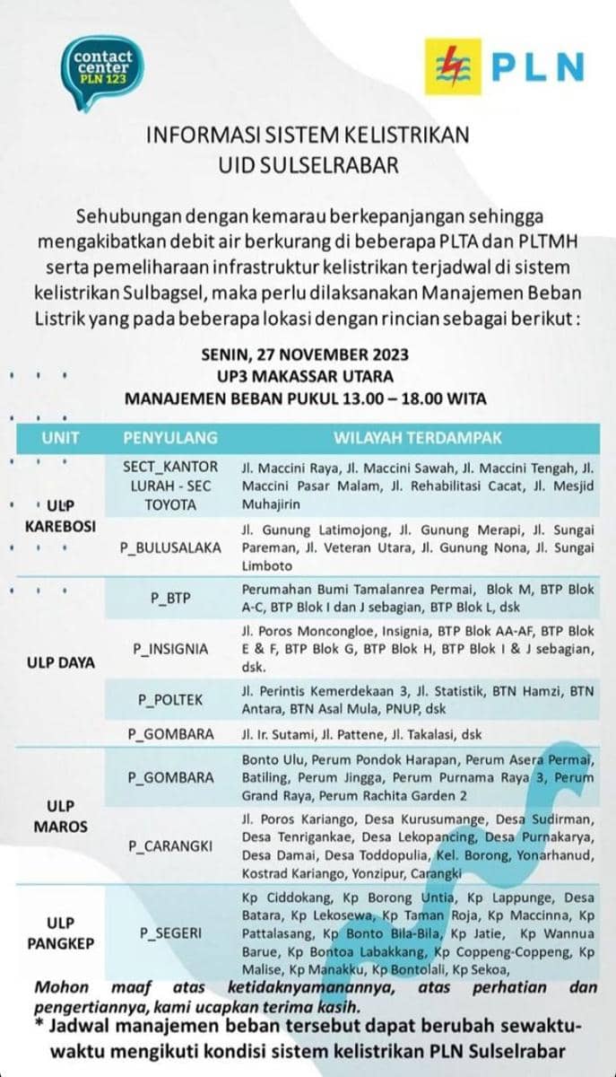 Informasi pemadaman listrik di Makassar. (Instagram/pln_makassar_utara)