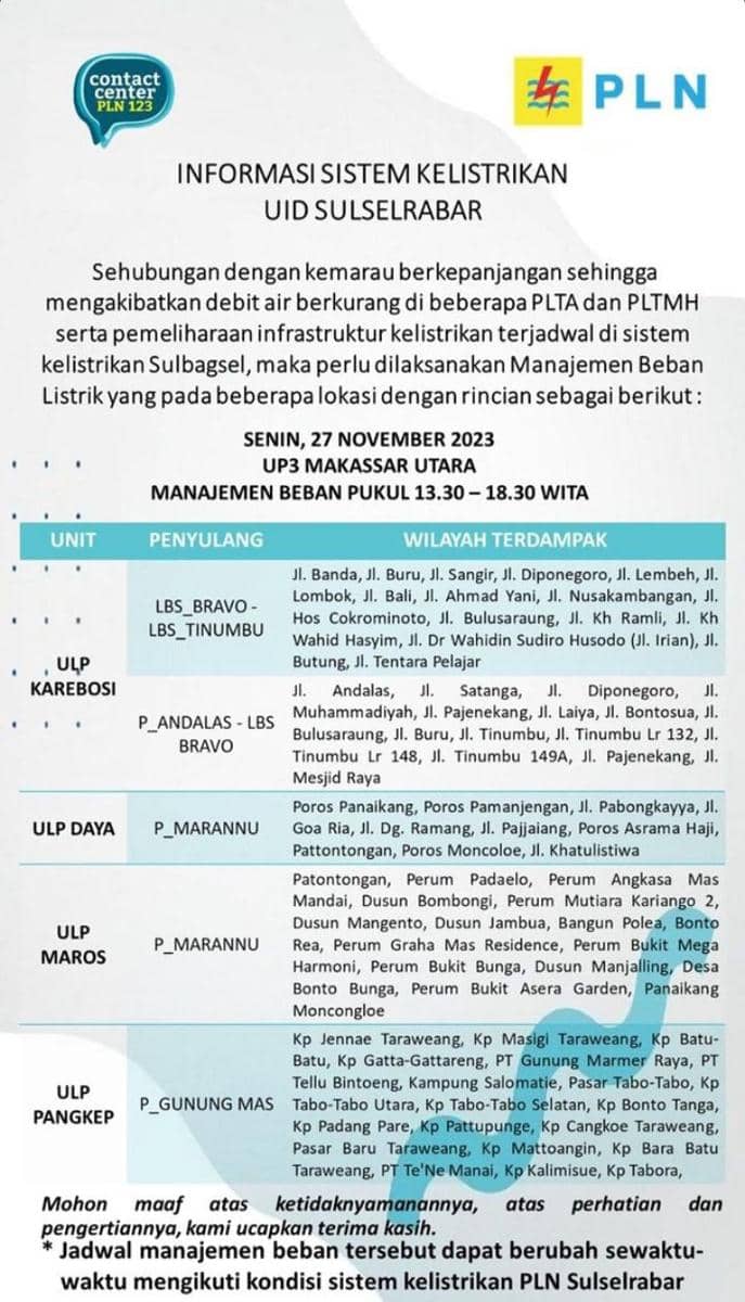 Informasi pemadaman listrik di Makassar. (Instagram/pln_makassar_utara)