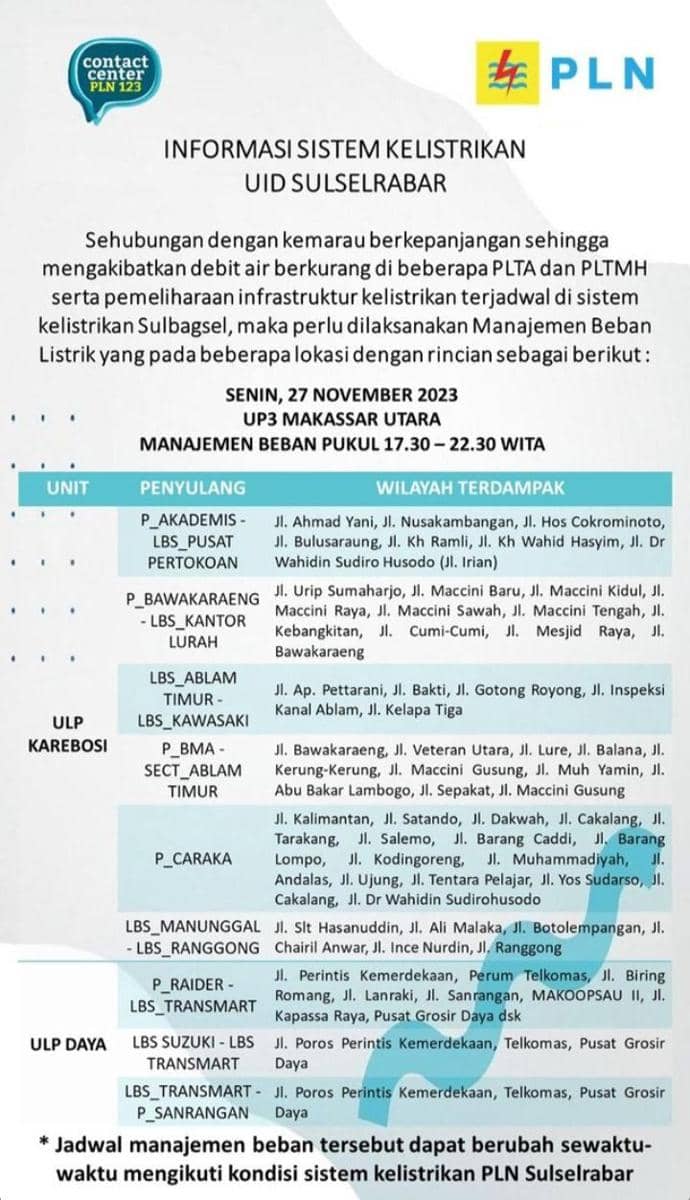 Informasi pemadaman listrik di Makassar. (Instagram/pln_makassar_utara)