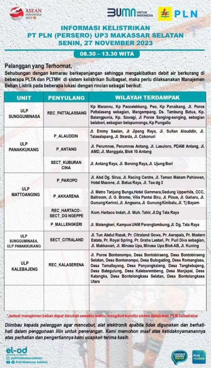 Informasi pemadaman listrik di Makassar. (Instagram/plnmakassarselatan)