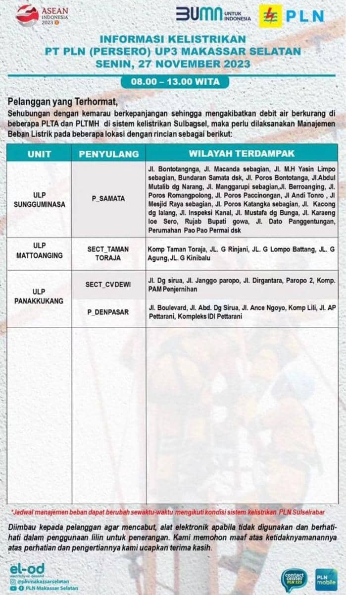 Informasi pemadaman listrik di Makassar. (Instagram/plnmakassarselatan)