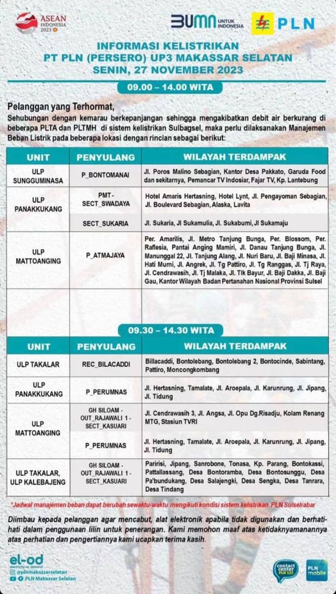 Informasi pemadaman listrik di Makassar. (Instagram/plnmakassarselatan)