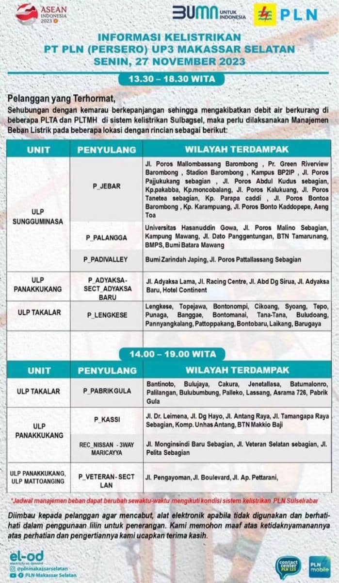 Informasi pemadaman listrik di Makassar. (Instagram/plnmakassarselatan)