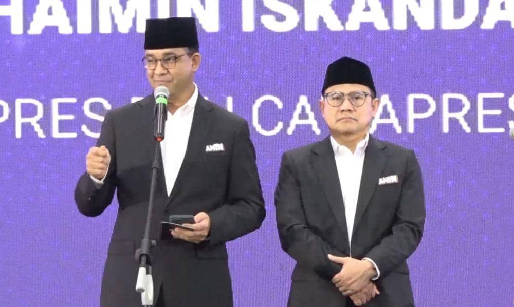 Pasangan Capres-Cawapres, Anies-Cak Imin dalam acara Rakornas Sentra Penegakan Hukum Terpadu pada Pemilu 2024. (YouTube.com/Bawaslu RI)