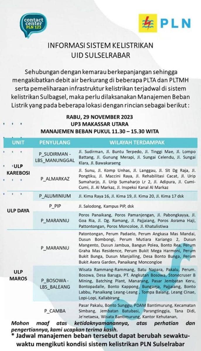 Informasi pemadaman listrik di Makassar. (Instagram/pln_makassar_utara)