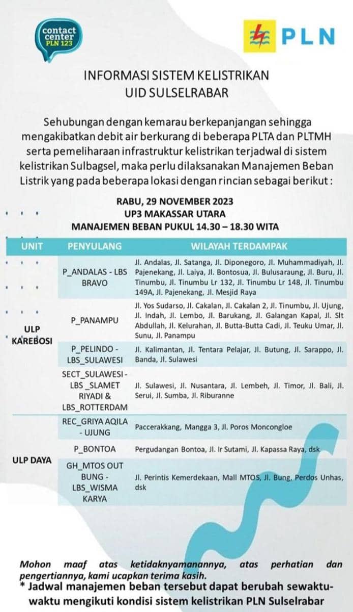 Informasi pemadaman listrik di Makassar. (Instagram/pln_makassar_utara))