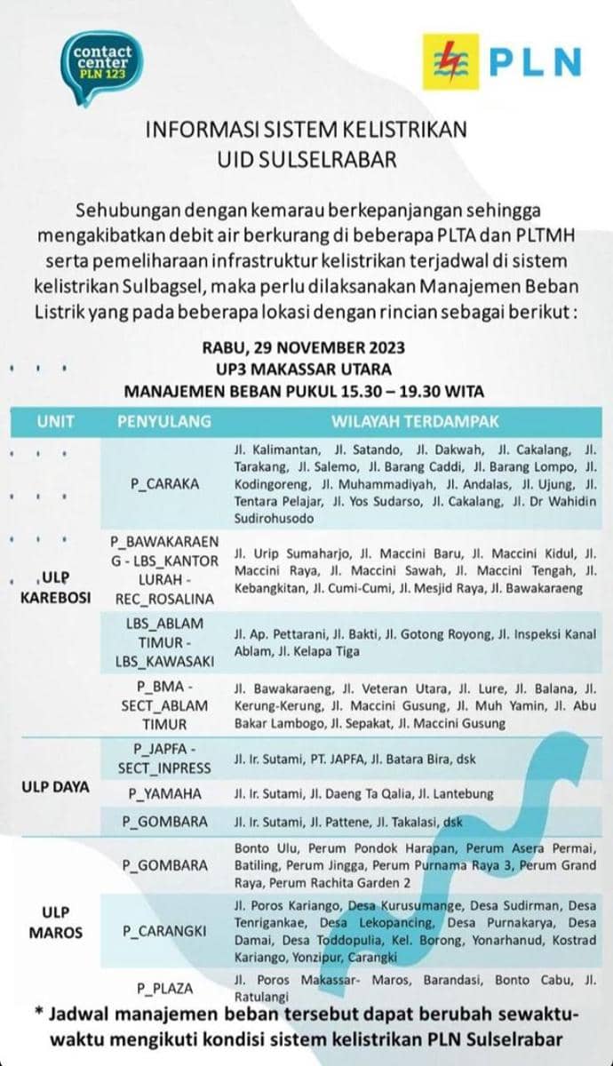 Informasi pemadaman listrik di Makassar. (Instagram/pln_makassar_utara))