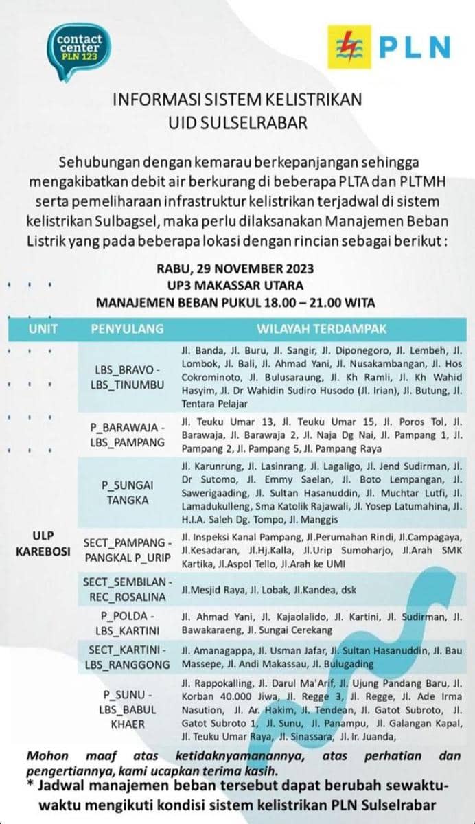 Informasi pemadaman listrik di Makassar. (Instagram/pln_makassar_utara))