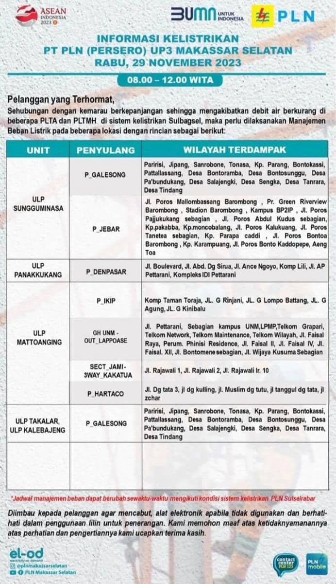 Informasi pemadaman listrik di Makassar. (Instagram/plnmakassarselatan)
