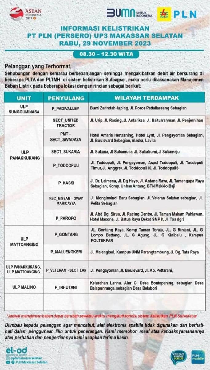 Informasi pemadaman listrik di Makassar. (Instagram/plnmakassarselatan)