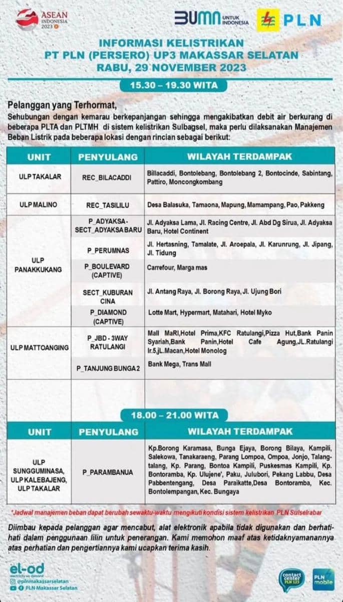 Informasi pemadaman listrik di Makassar. (Instagram/plnmakassarselatan)