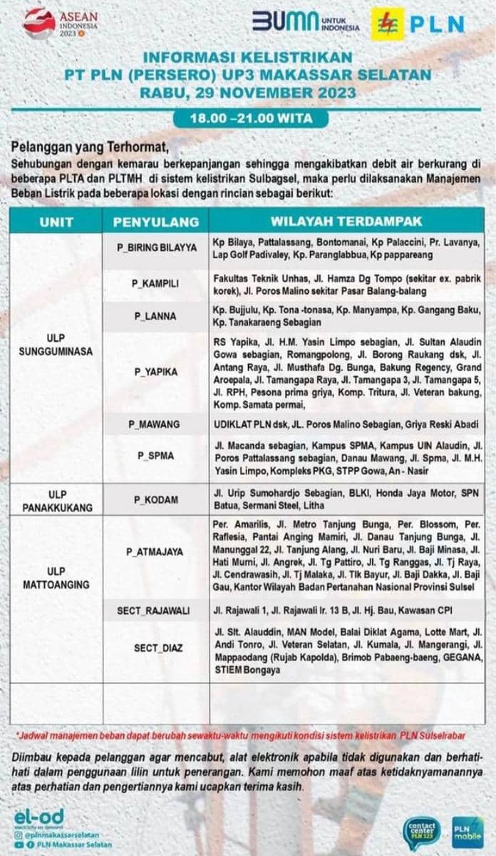 Informasi pemadaman listrik di Makassar. (Instagram/plnmakassarselatan)