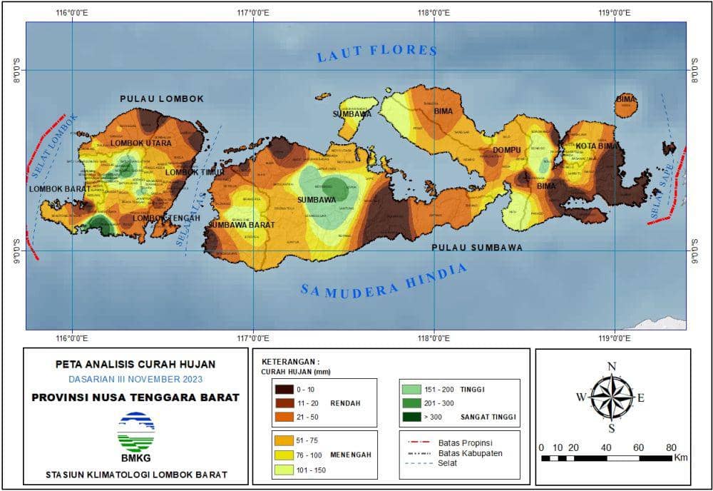 Curah hujan di wilayah NTB pada dasarian III November 2023. (dok. Staklim NTB)
