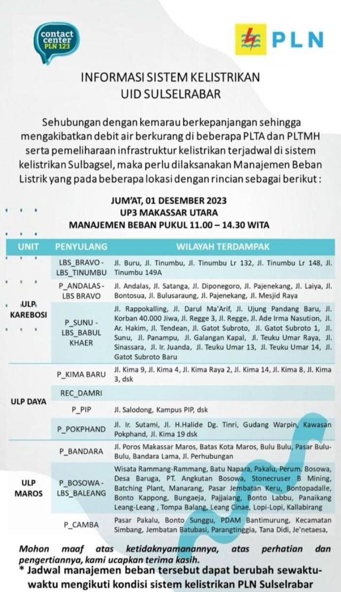 Informasi pemadaman listrik di Makassar. (Instagram/pln_makassar_utara)