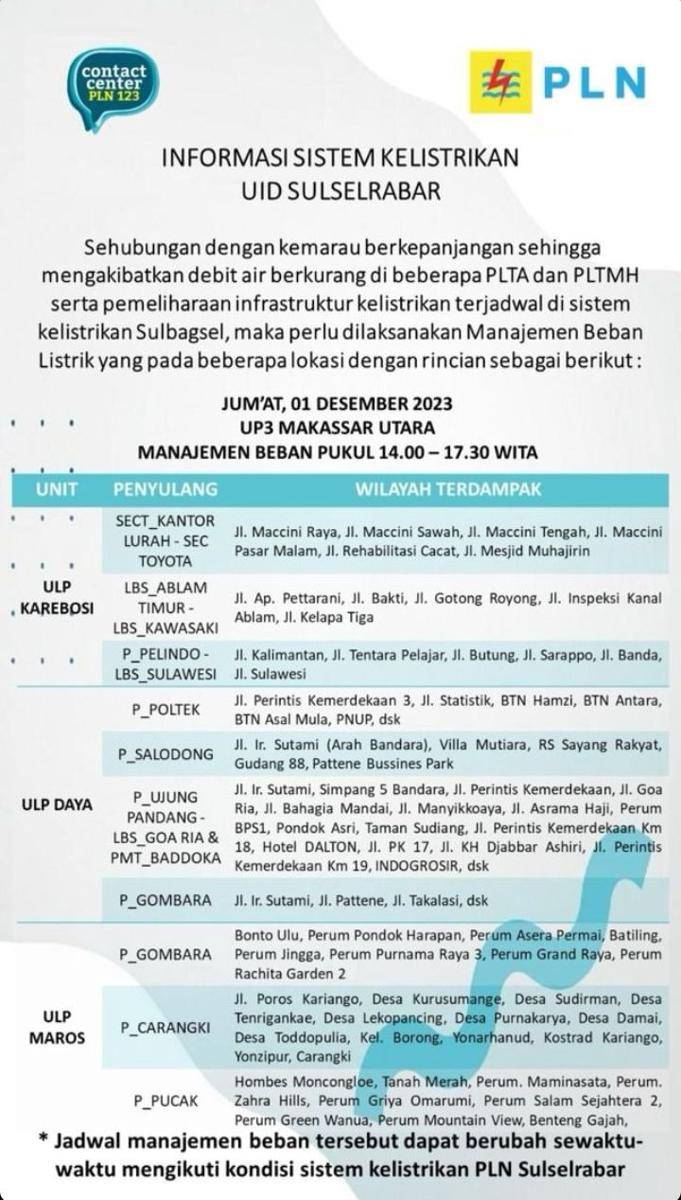 Informasi pemadaman listrik di Makassar. (Instagram/pln_makassar_utara)
